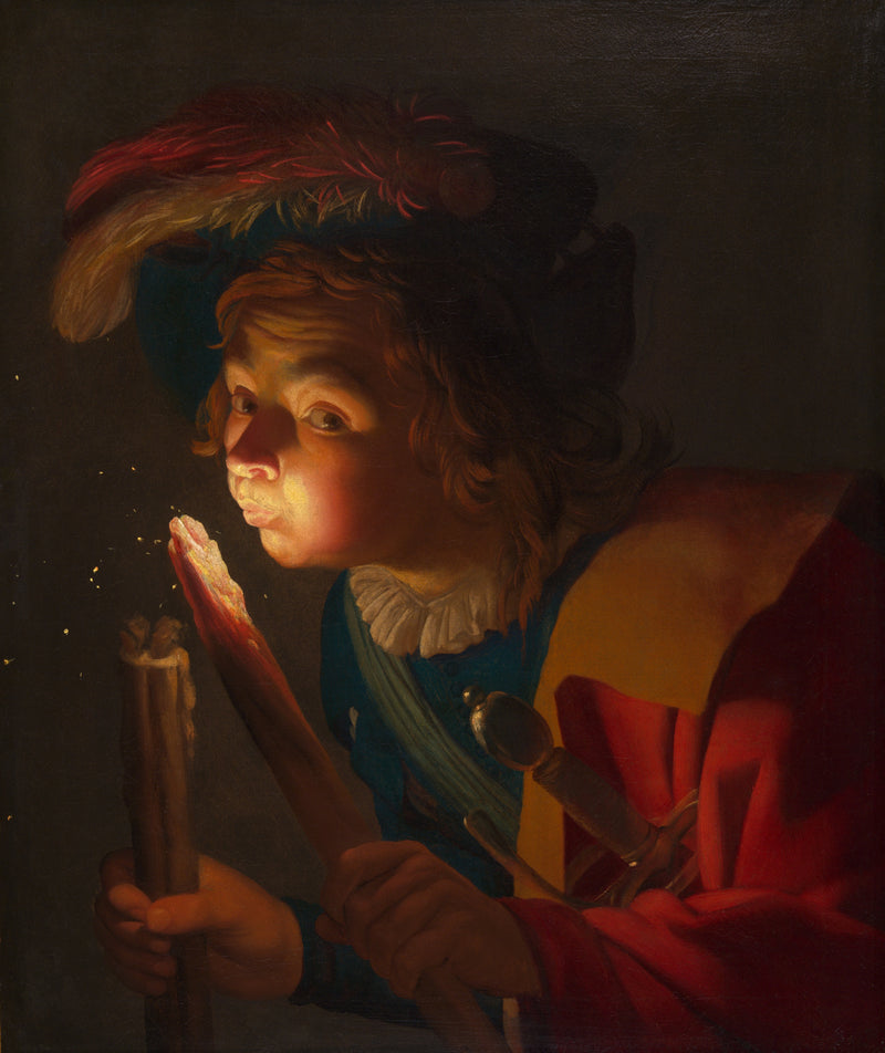 A boy blowing on a glowing ember - Gerrit van Honthorst
