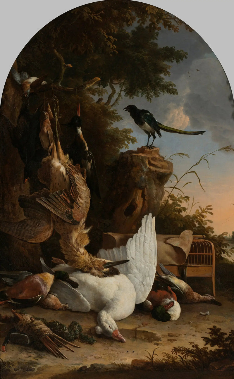 A hunter's bag near a tree stump with a magpie, known as 