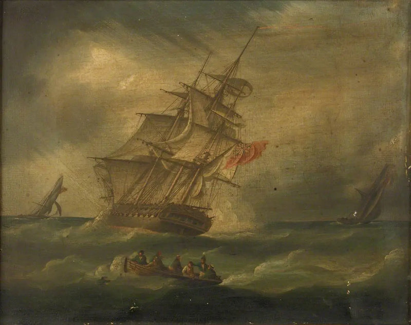 A frigate and a naval cutter pursuing a French cutter, with a boat rescuing a man at sea - James E. Buttersworth