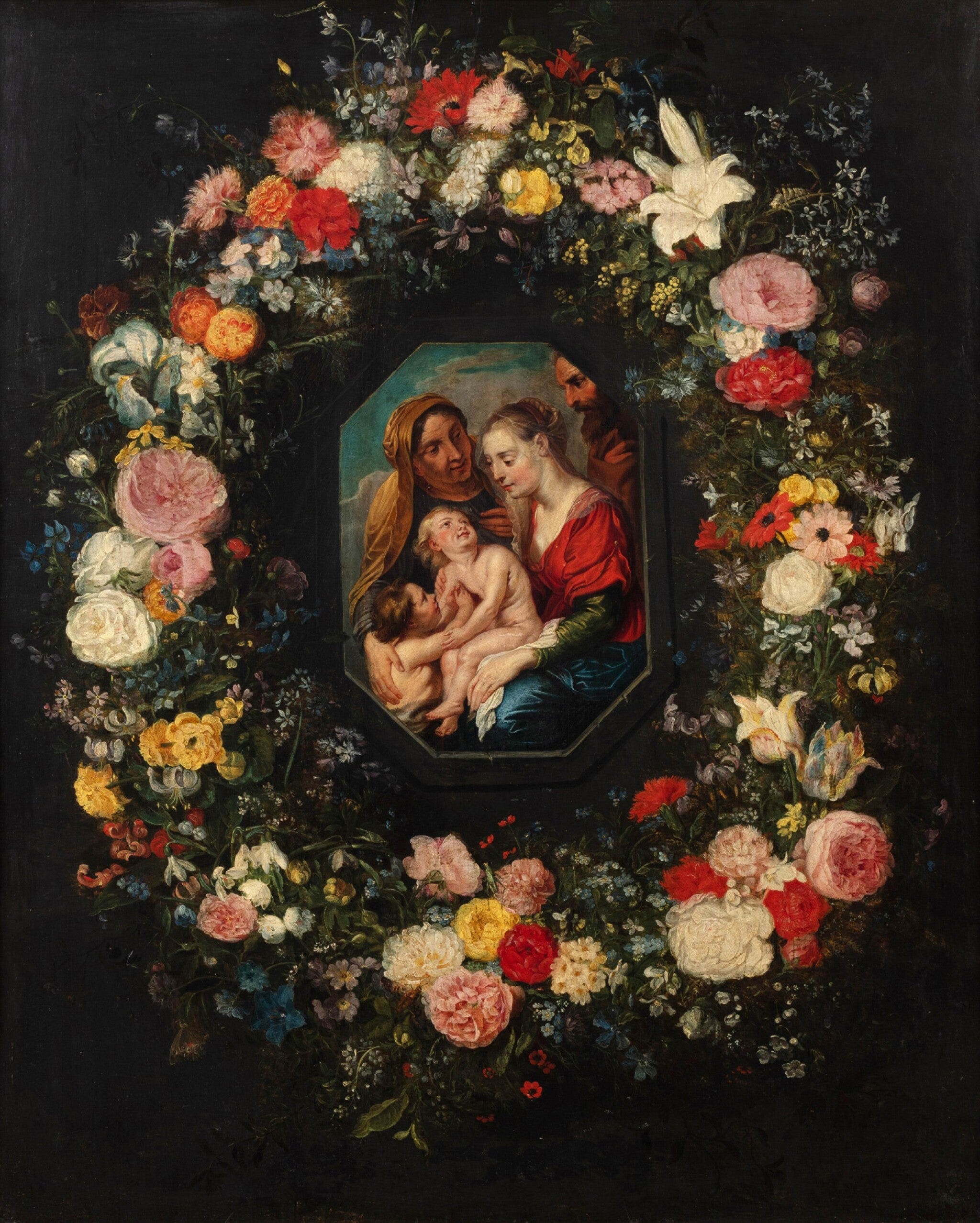 Vierge à l'Enfant avec sainte Anne et saint Jean dans une guirlande de fleurs - Jan Brueghel le Jeune