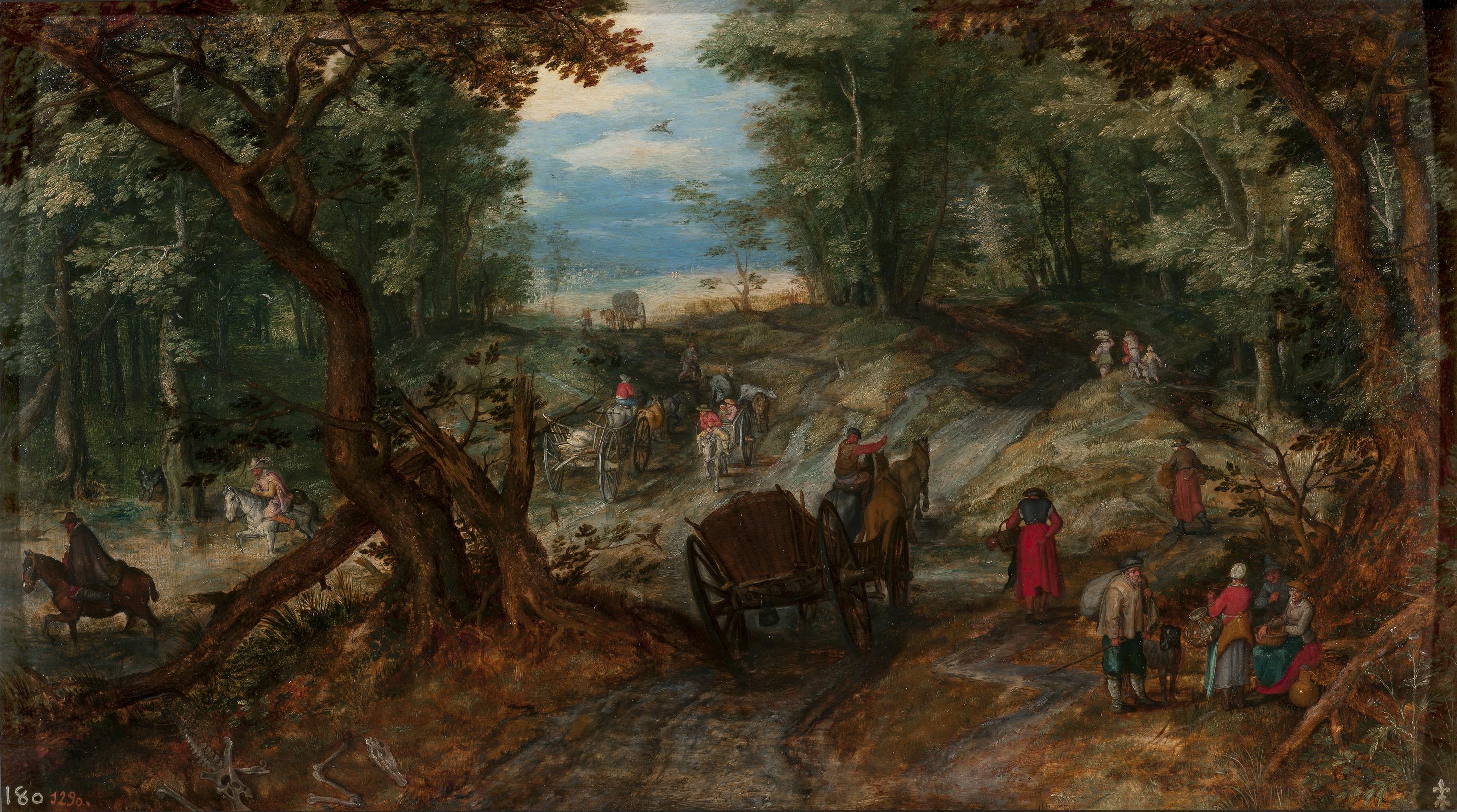 Route forestière longeant un étang guéable fréquenté par des voyageurs - Jan Brueghel l'Ancien