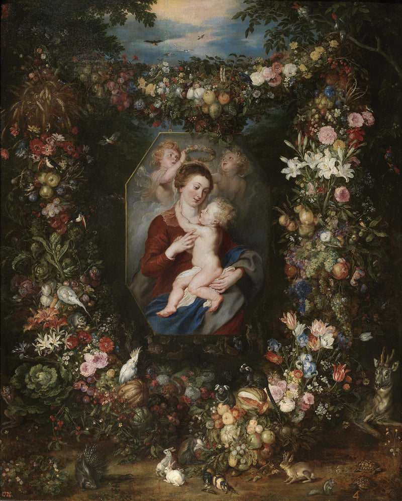 La Vierge à l'Enfant dans un tableau entouré de fruits et de fleurs - Jan Brueghel l'Ancien