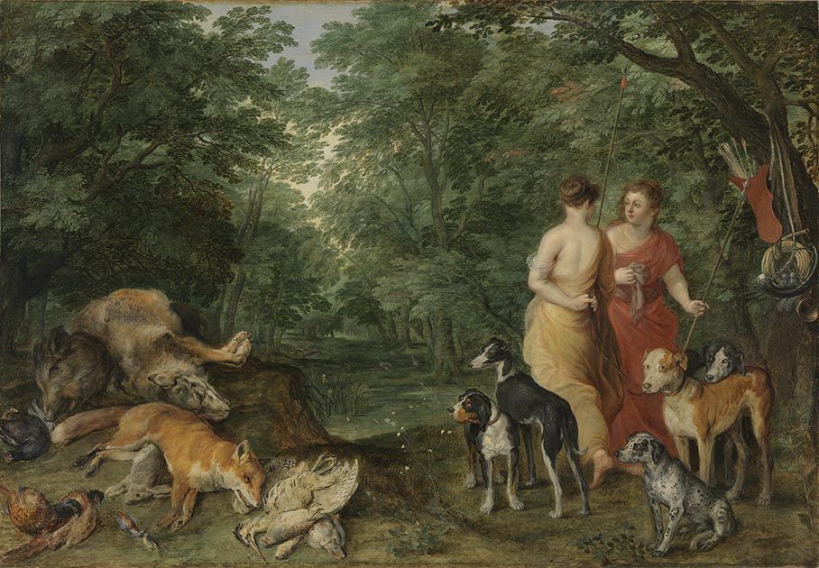 Deux nymphes avec des chiens - Jan Brueghel l'Ancien