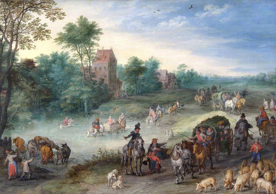 Des voyageurs sur une route de campagne, avec des vaches et des porcs - Jan Brueghel l'Ancien