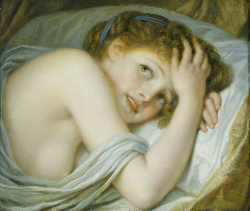 A girl lying in her bed - Jean-Baptiste Greuze