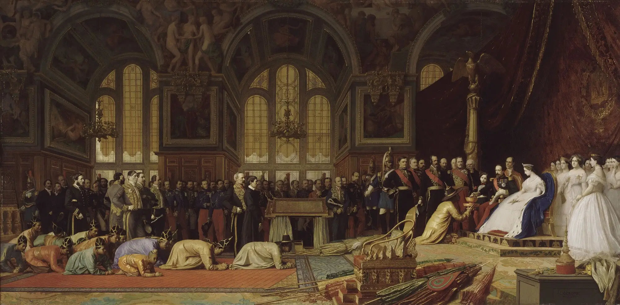 Reproduction du tableau « Réception des ambassadeurs siamois par l'Empereur Napoléon III au palais de Fontainebleau, 27 juin 1861 - Jean-Léon Gérôme » par Alpha Reproduction en peinture à l’huile