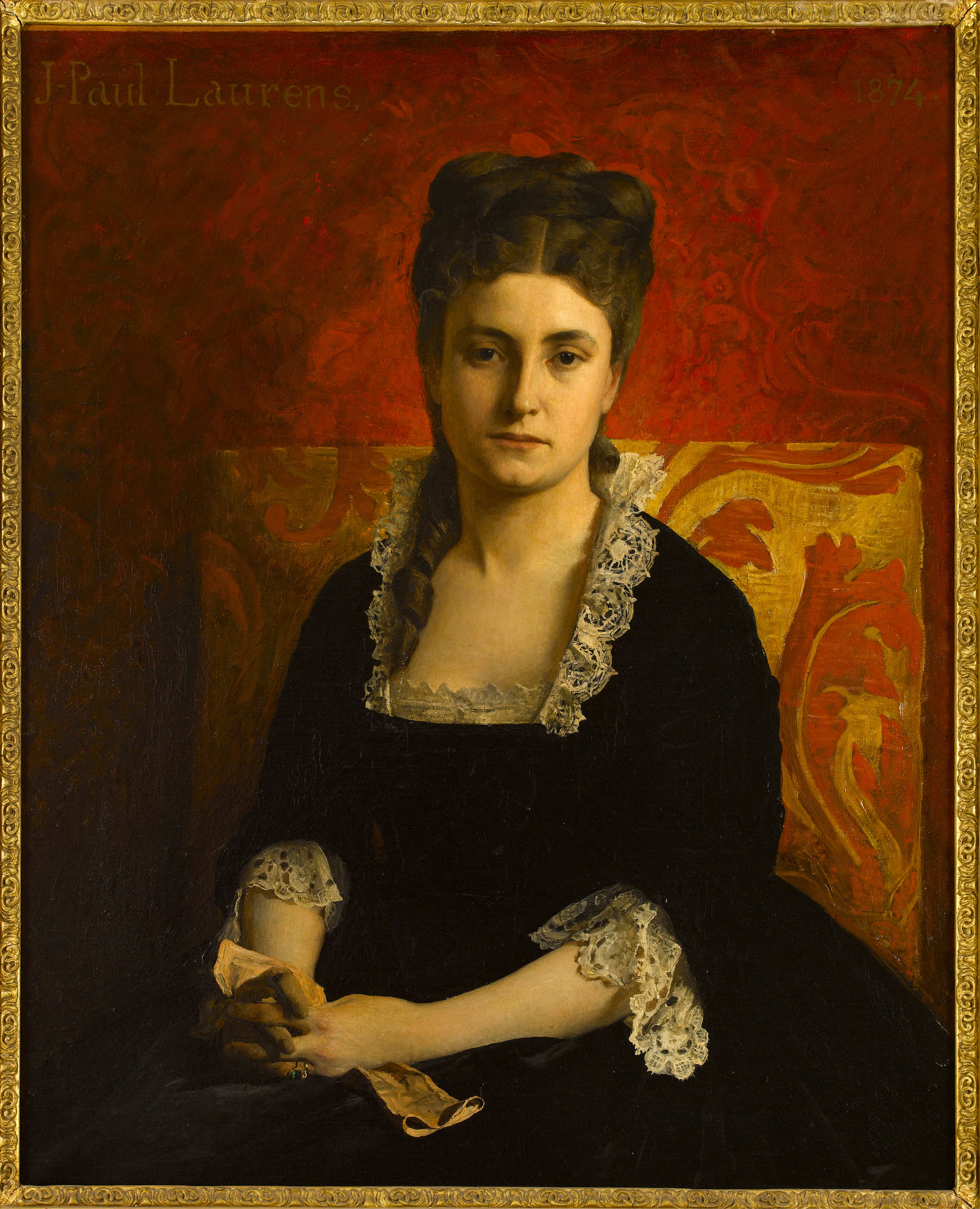 Portrait de femme en robe noire tenant un gant - Jean-Paul Laurens