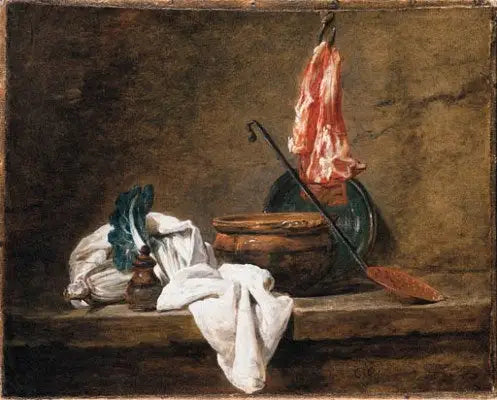Nature morte avec un torchon une casserole une assiette une écumoire et de la viande sur un crochet - Jean Siméon