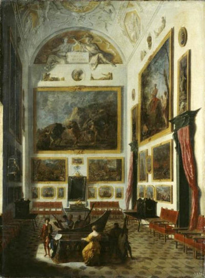 Joueur d'épinette dans un intérieur avec des tableaux - Johann Heinrich Schönfeld