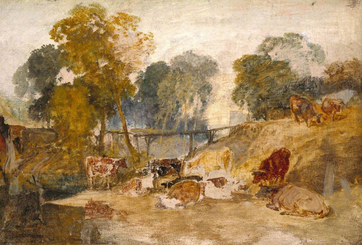 Reproduction du tableau « Cows in a Landscape with a Footbridge - J. M. W. Turner » par Alpha Reproduction en peinture à l’huile