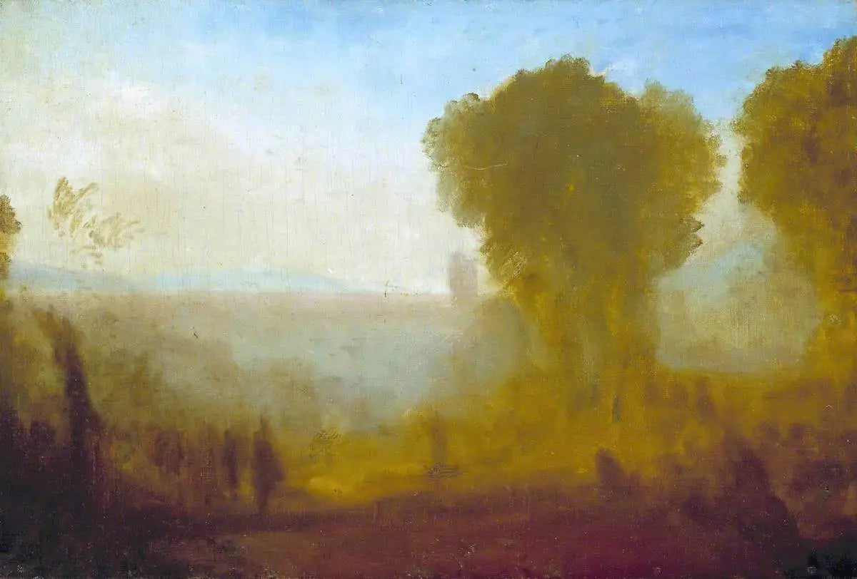Reproduction du tableau « Landscape with Tower, Trees and Figures; possibly Arcueil near Paris - J. M. W. Turner » par Alpha Reproduction en peinture à l’huile