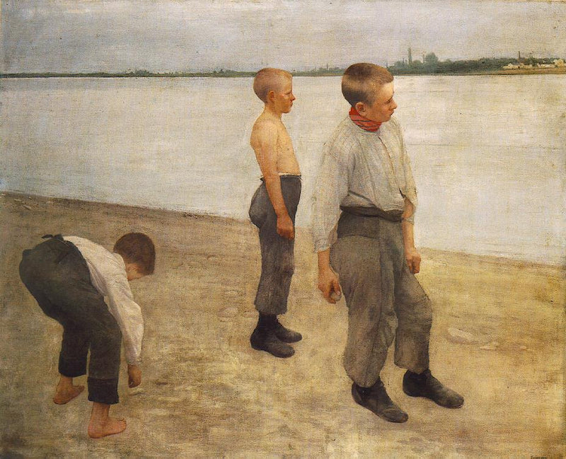 Garçons jetant des cailloux dans la rivière - Károly Ferenczy