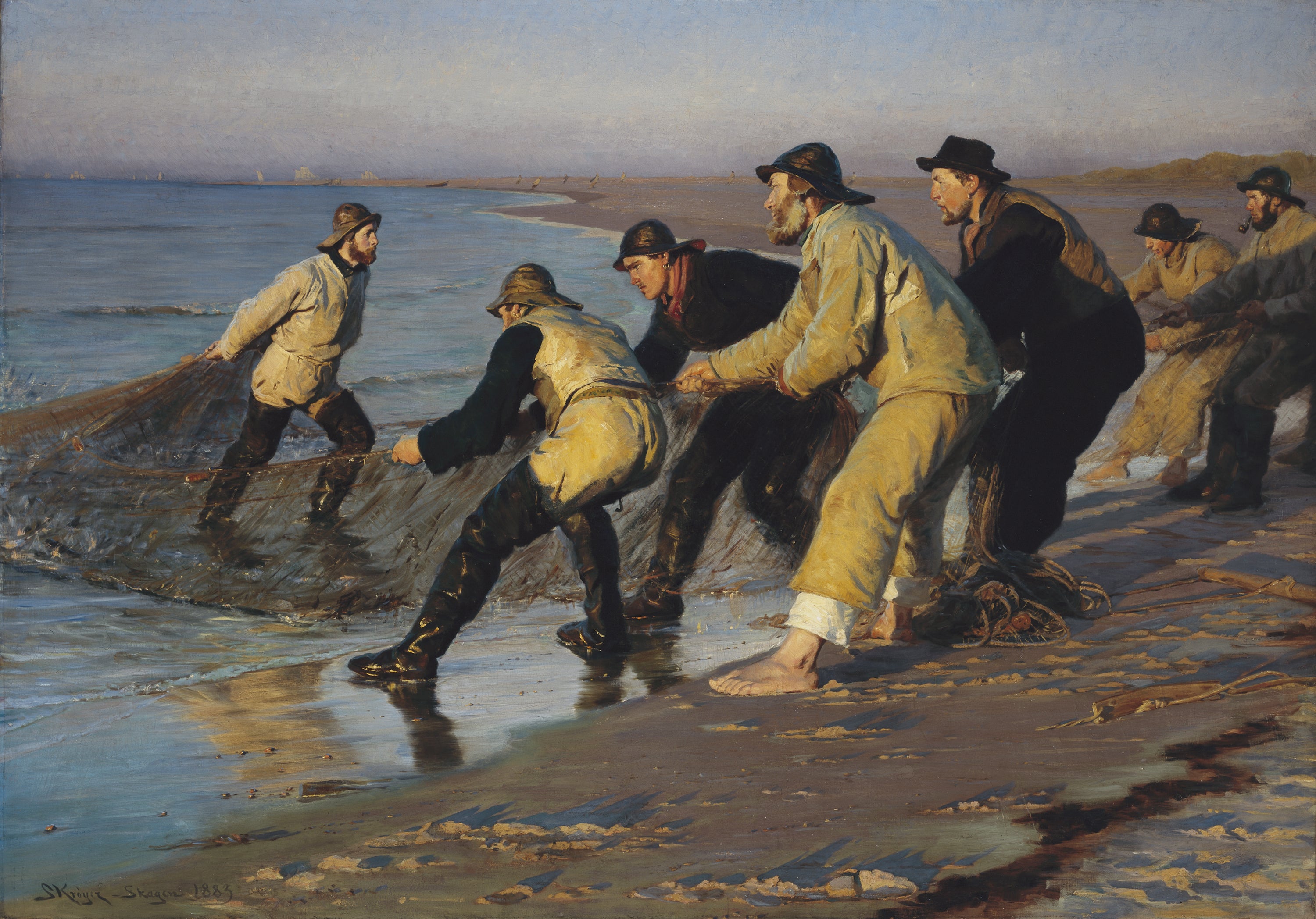 Fishermen hauling their nets on the north beach of Skagen. Late afternoon. - Peder Severin Krøyer