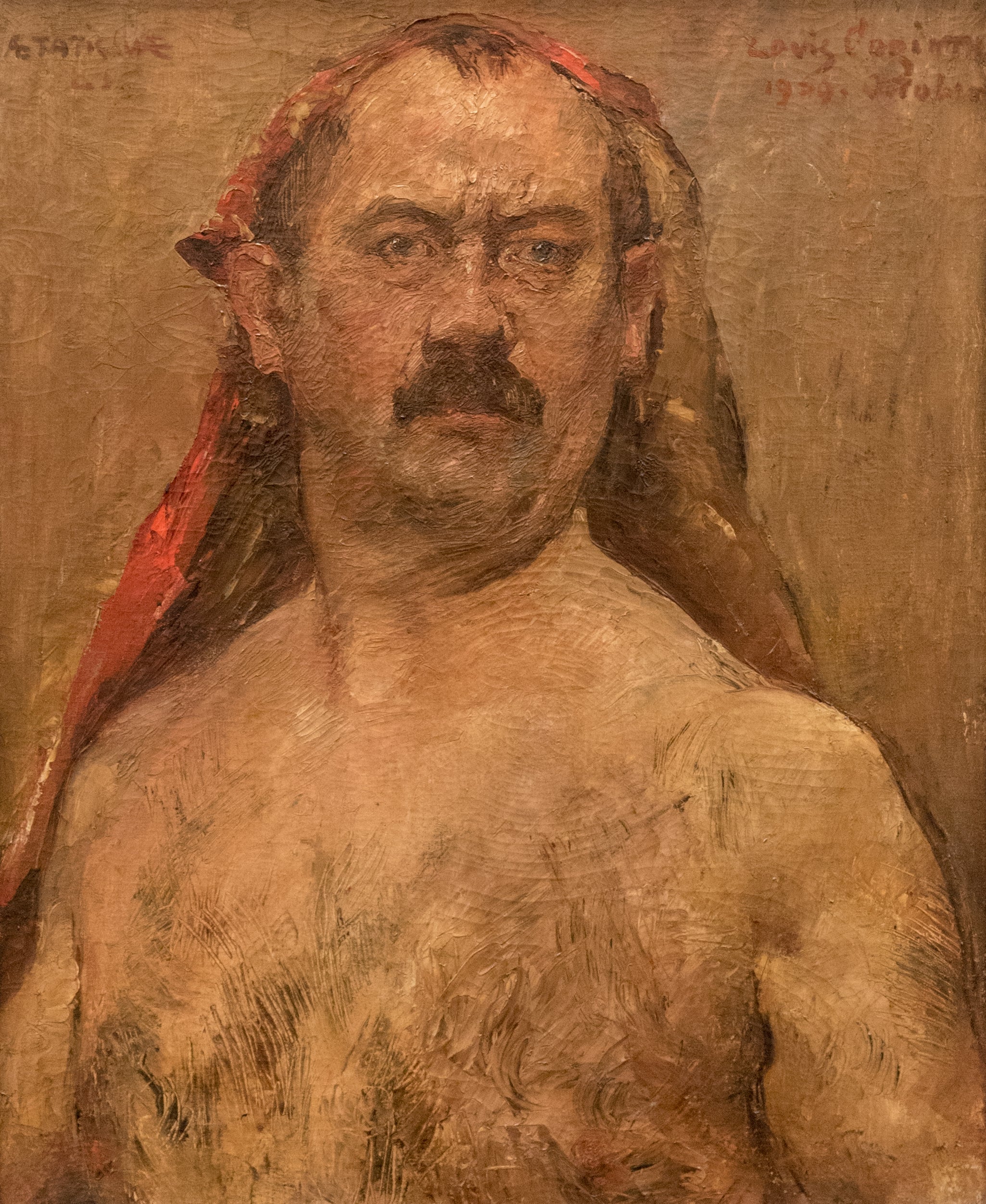 Selbstbildnis als Halbakt mit rotem Kopftuch - Lovis Corinth