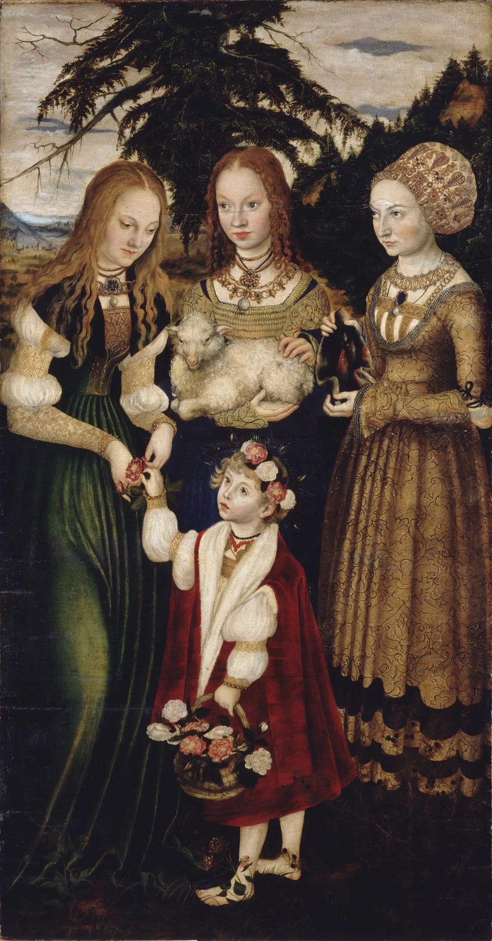 Retable du Martyre de sainte Catherine: sainte Dorothée sainte Agnès sainte Cunégonde [aile gauche recto] - Lucas