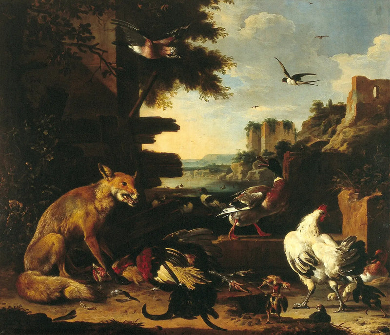 Fox with rooster and dead poultry in a park landscape - Melchior de Hondecoeter