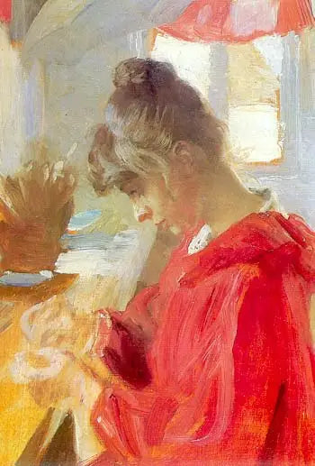 Marie is sitting at a table sewing - Peder Severin Krøyer
