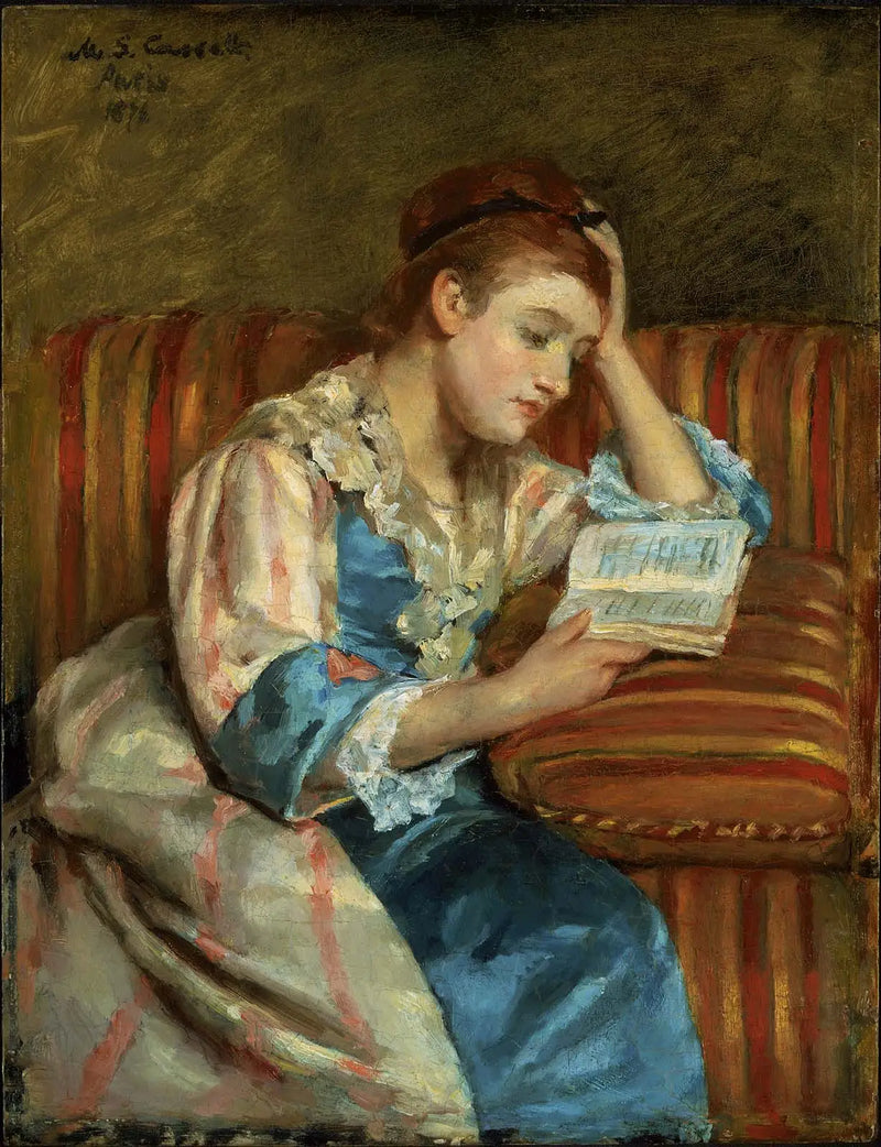 Mrs. Duffee Sitting on a Striped Sofa, Reading - Mary Cassatt