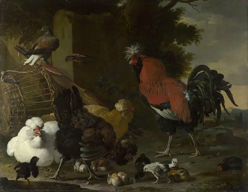 A rooster, hens, and chicks - Melchior de Hondecoeter