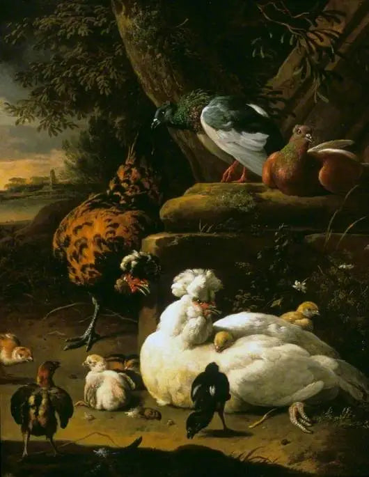 A hen with chicks, a rooster, and pigeons in a landscape - Melchior de Hondecoeter