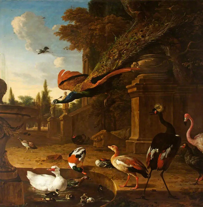 Ornamental birds in and around a pond in a park, with a peacock in flight - Melchior de Hondecoeter