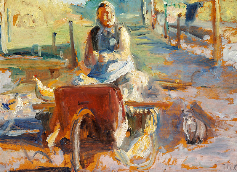 A woman from Skagen with a cat and some chickens. - Michael Peter Ancher