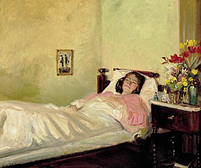 Interior with a young woman lying in bed. - Michael Peter Ancher