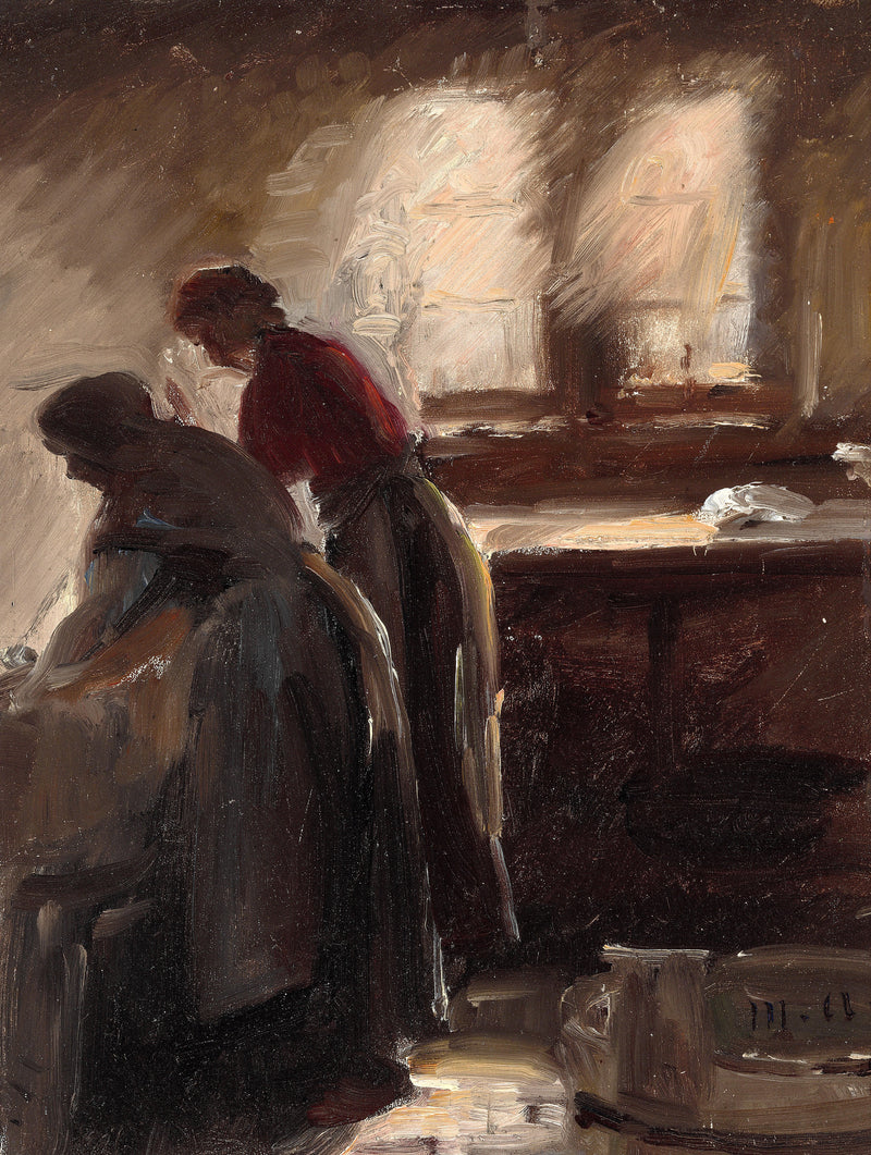 Kitchen interior with two women working. - Michael Peter Ancher