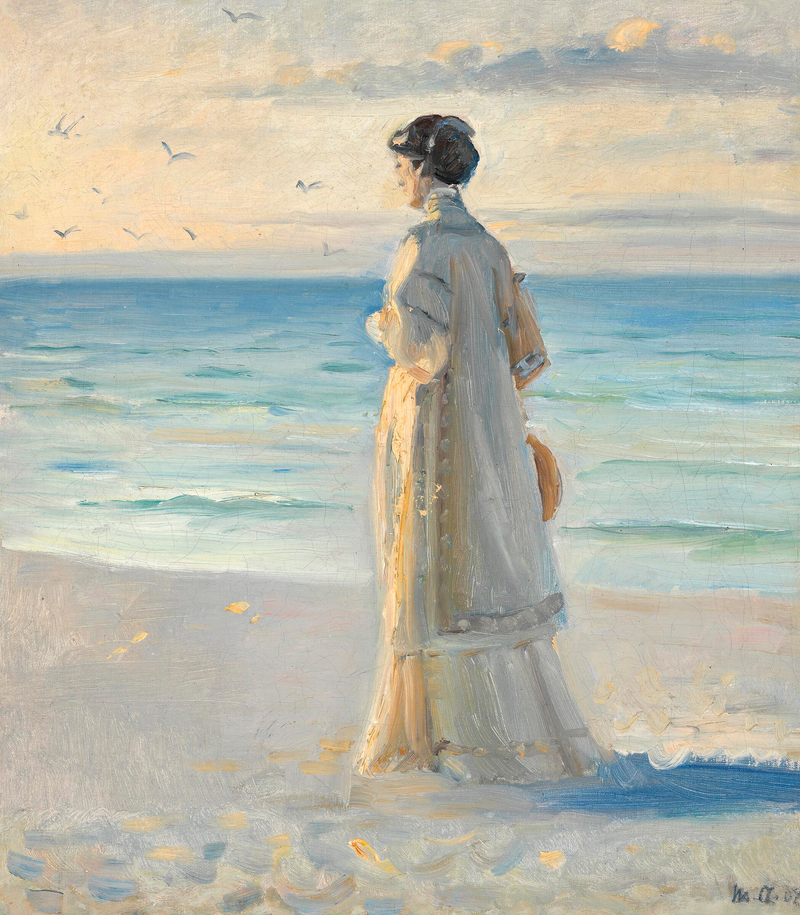 A woman wearing a long, light summer dress gazes at the sea on Skagen beach. - Michael Peter Ancher