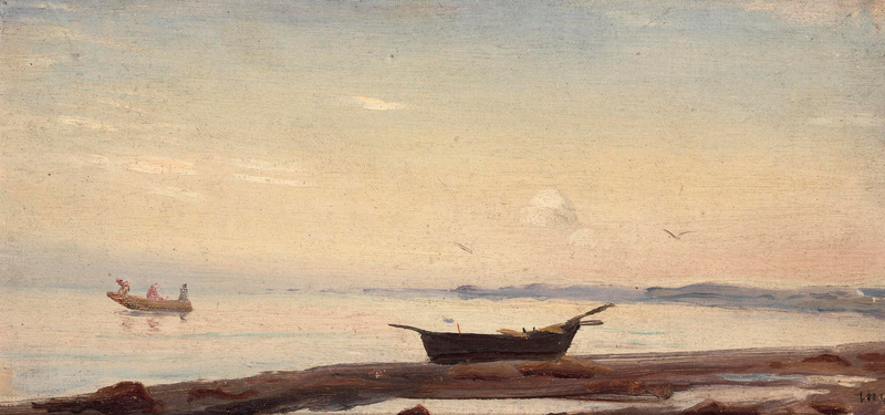 Coastal scene of Skagen with a small boat on the beach. - Michael Peter Ancher