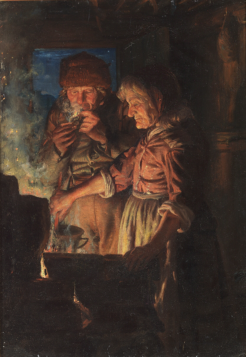 Lars Gaihede and his wife by the fireplace, Stifi stirring the pot. - Michael Peter Ancher