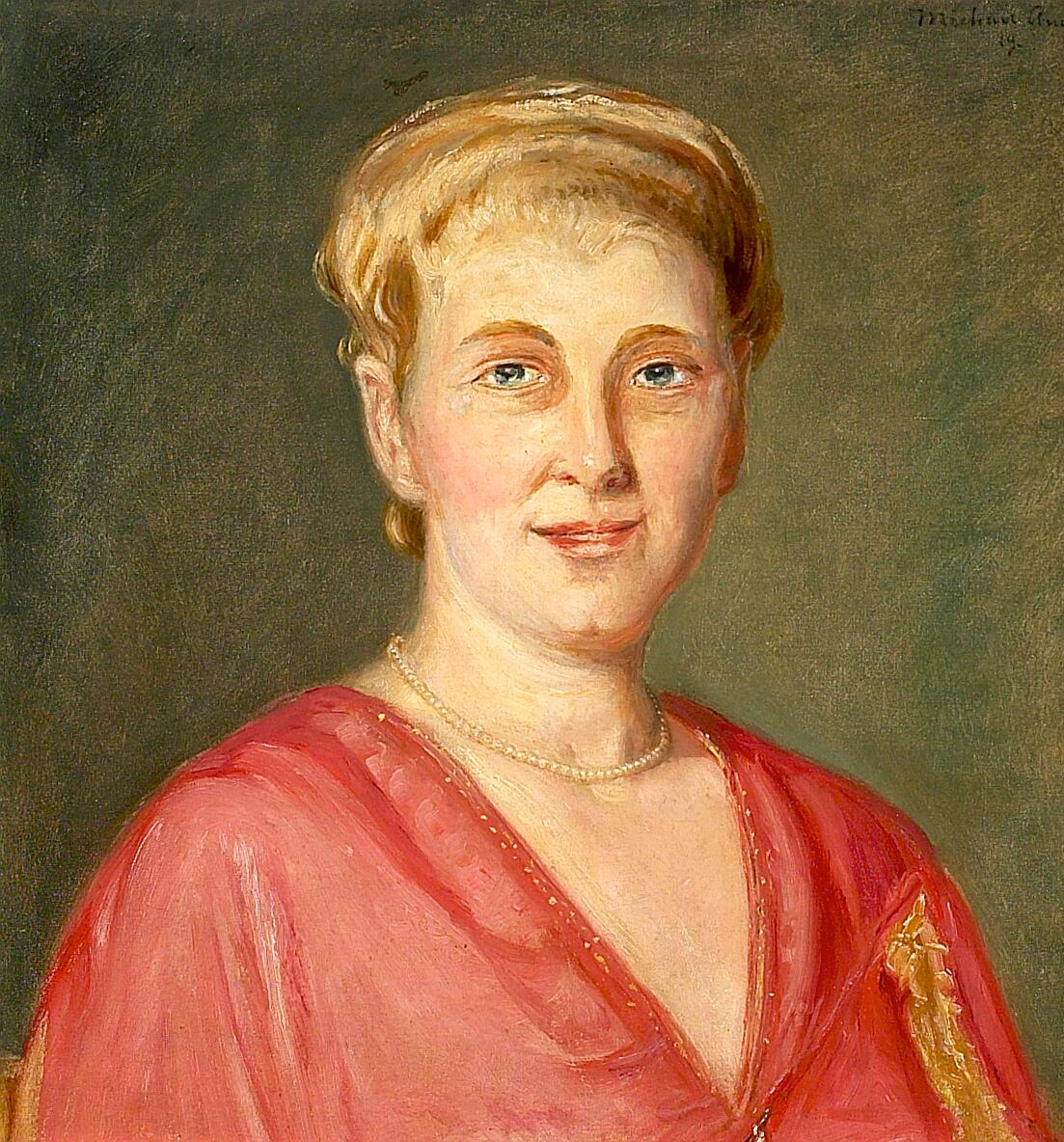 Portrait of a woman in a red dress, wearing a pearl necklace. - Michael Peter Ancher