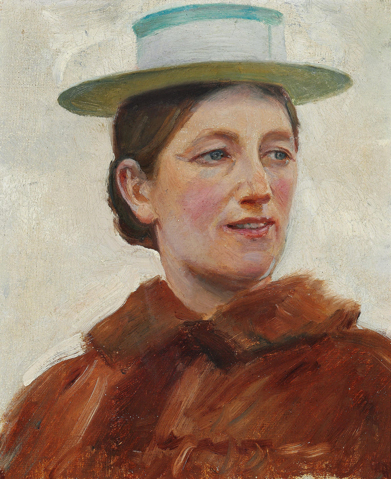 Portrait of Anna Ancher wearing a green-striped straw hat. - Michael Peter Ancher