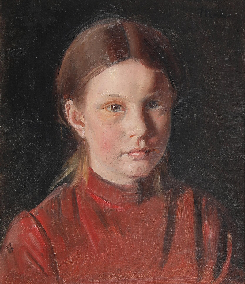 Portrait of a little girl in a red dress. - Michael Peter Ancher