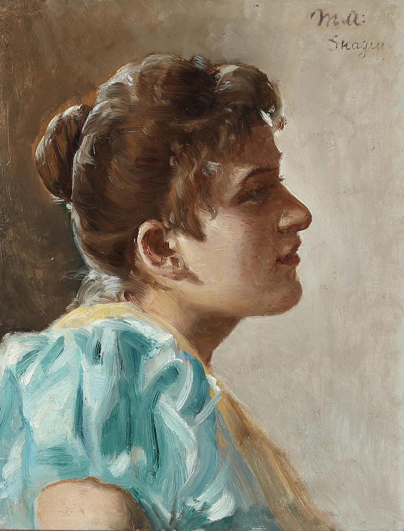 Portrait of a young woman in a yellow and turquoise dress. - Michael Peter Ancher