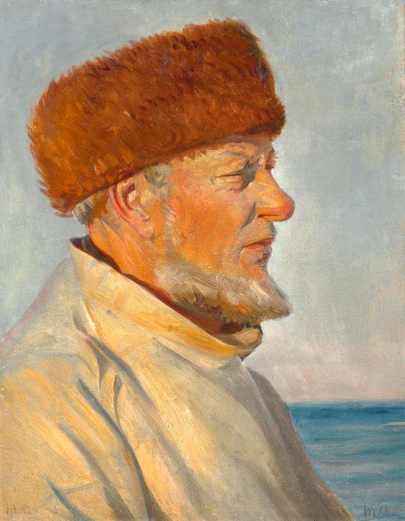 A fisherman from Skagen, wearing a fur hat, sunbathing on the beach. - Michael Peter Ancher