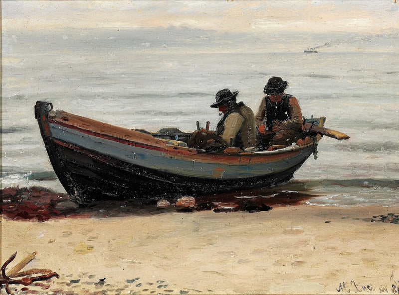 Two fishermen are repairing their nets in their boat on the beach. - Michael Peter Ancher