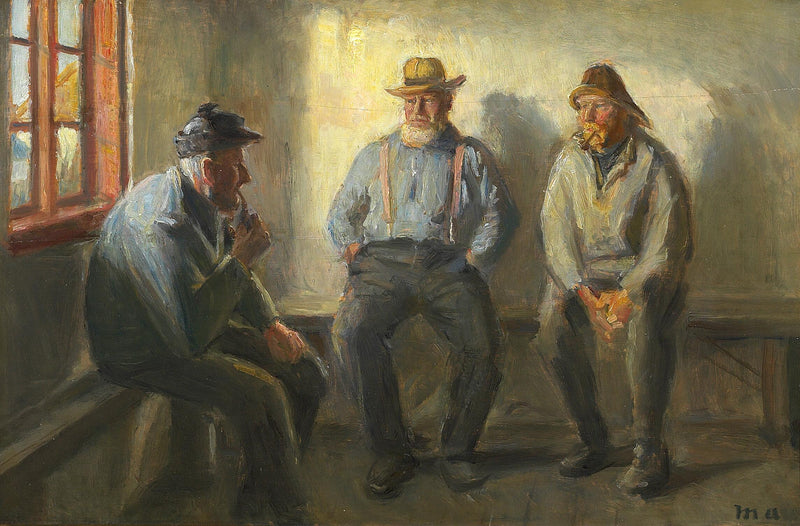 Three fishermen in the Brøndum shop. - Michael Peter Ancher