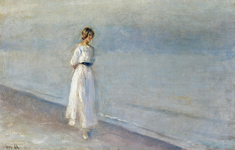 Young woman in white dress at Skagen Sønderstrand. -Michael Peter Ancher