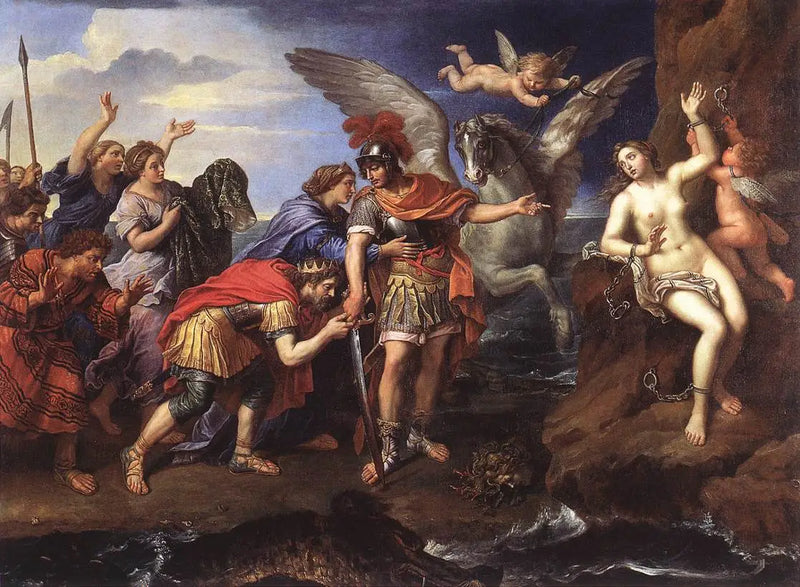 King Cepheus and Queen Cassiopeia thanking Perseus for delivering their daughter Andromeda - Pierre Mignard