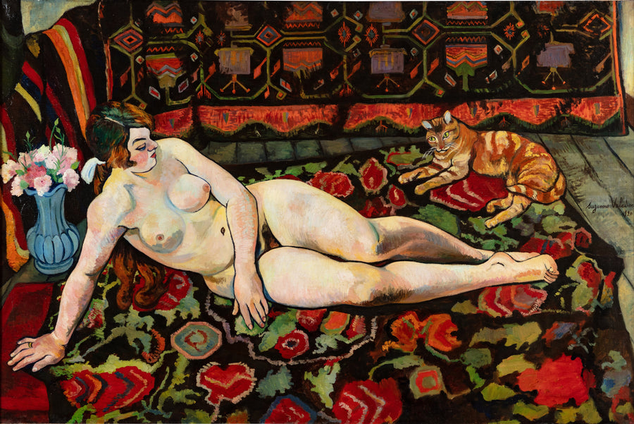 Nu au chat, allongé sur une draperie à fleurs - Suzanne Valadon
