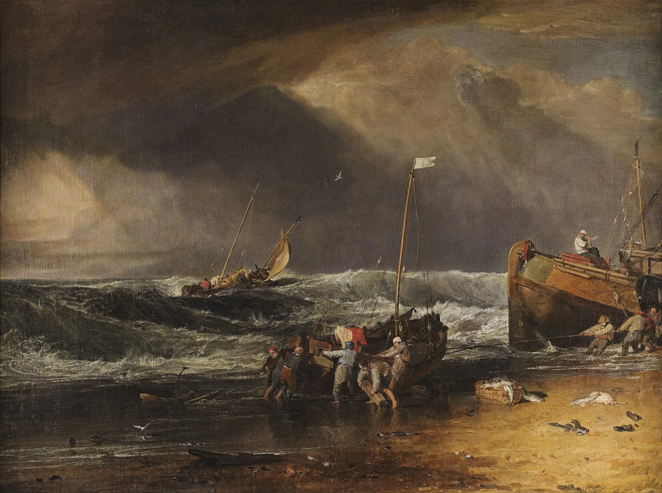 A Coast Scene with Fishermen Hauling a Boat Ashore - J. M. W. Turner - Alpha Reproduction