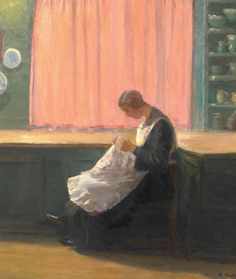 At the end of the day. Young girl sewing. - Anna Ancher