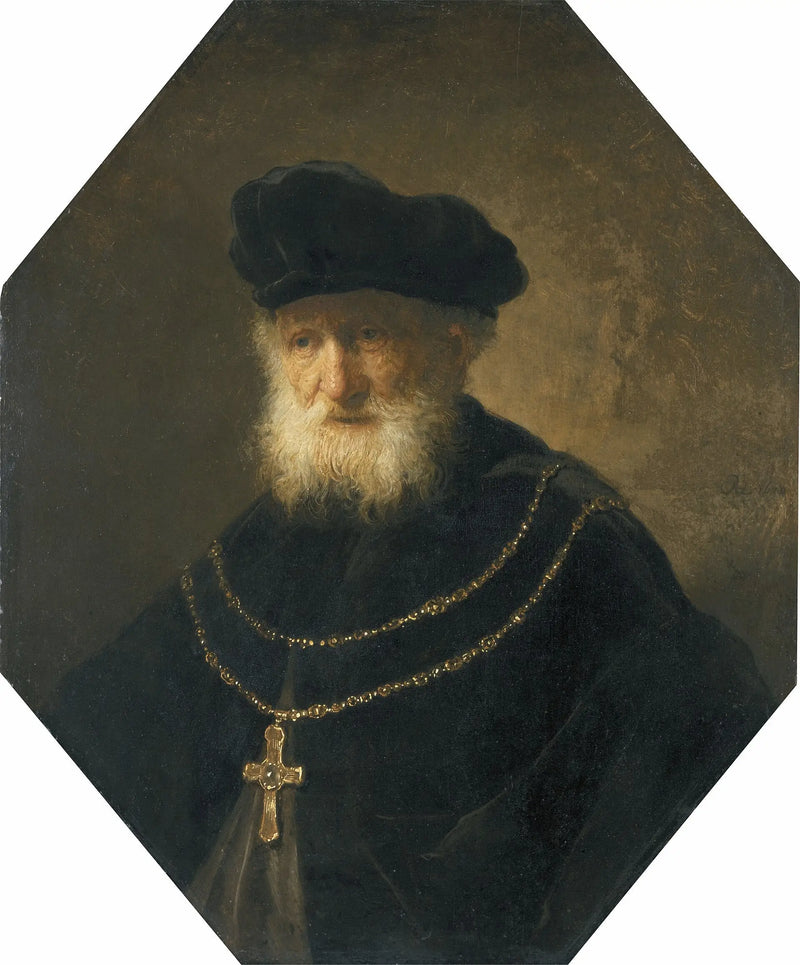 Bust of a man wearing a gold chain with a cross - Rembrandt