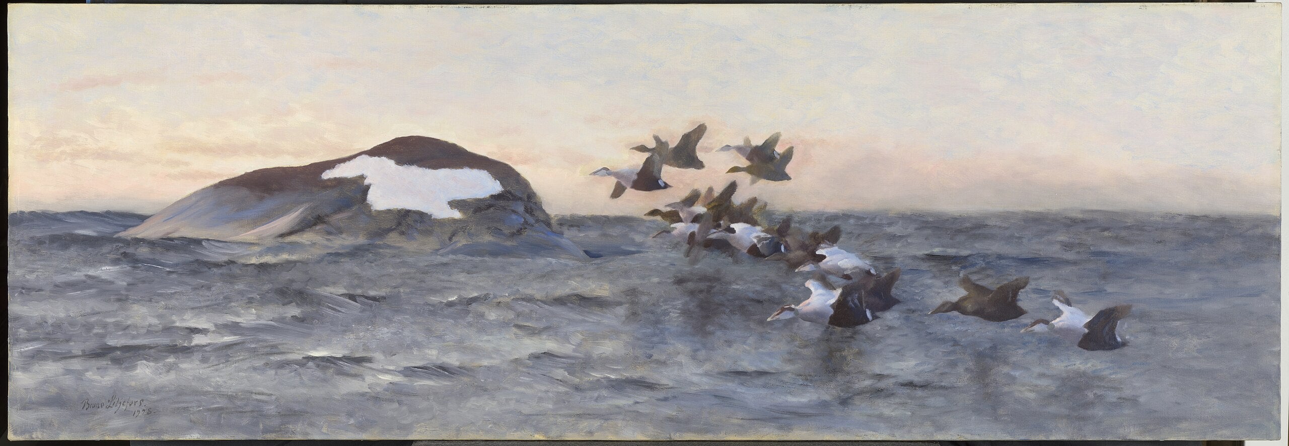 Eiders flying near a cliff - Bruno Liljefors