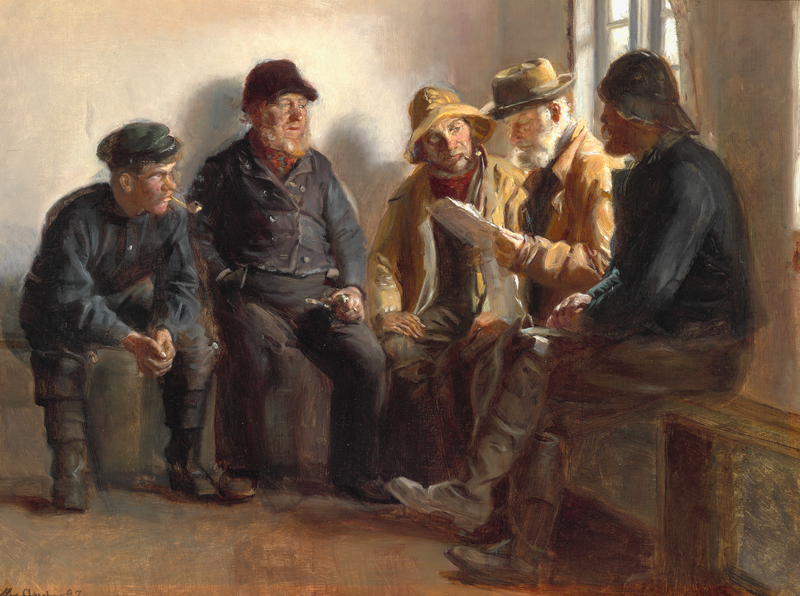 Fishermen in a grocery store in Skagen. Søren Kruse is reading the day's newspaper. - Michael Peter Ancher