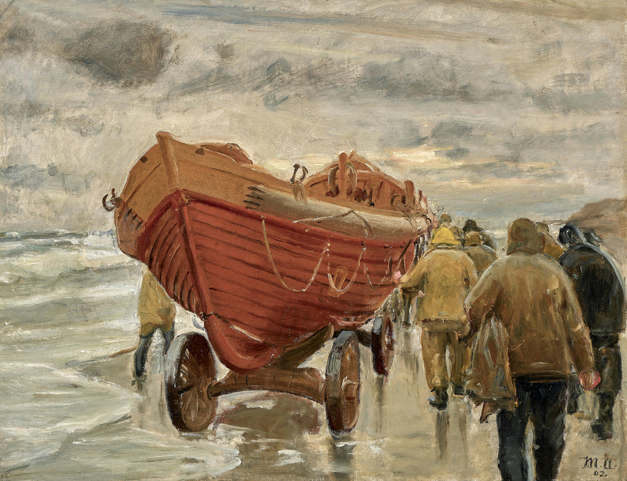 Fishermen pull a lifeboat along the beach. - Michael Peter Ancher