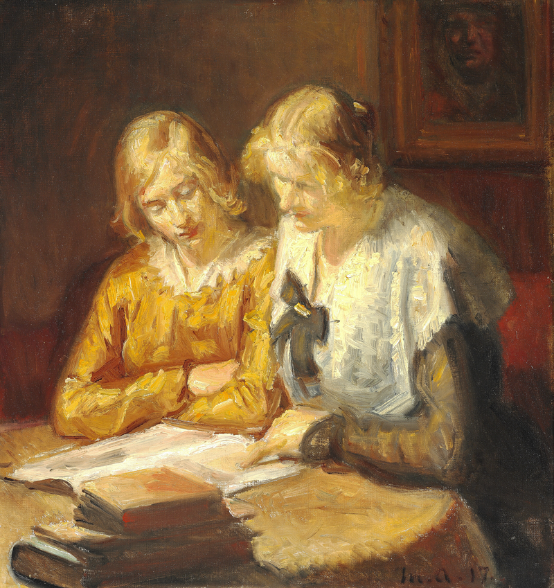 Two young women sitting at a table are reading a book - Michael Peter Ancher