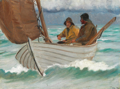 Two fishermen from Skagen aboard a sailboat off the coast. - Michael Peter Ancher