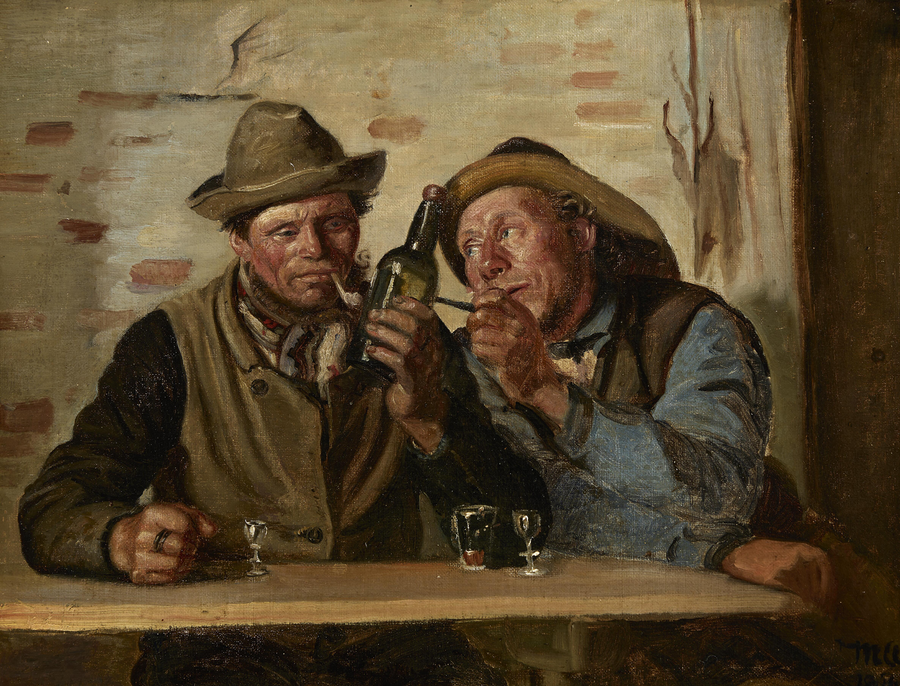 Two fishermen from Skagen enjoy a cigarette and a drink at the inn. - Michael Peter Ancher